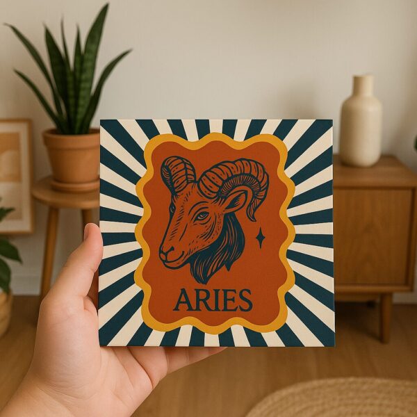 Mão segurando o azulejo decorativo do signo de Áries