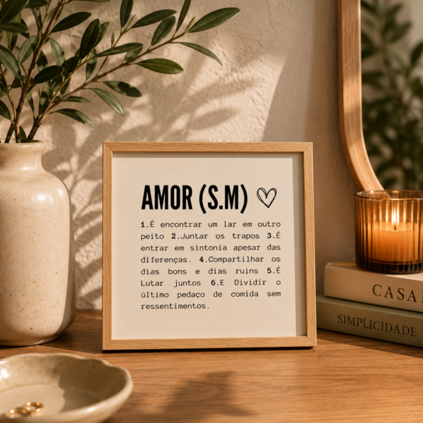 Azulejo decorativo Significado de Amor apoiado em base de madeira