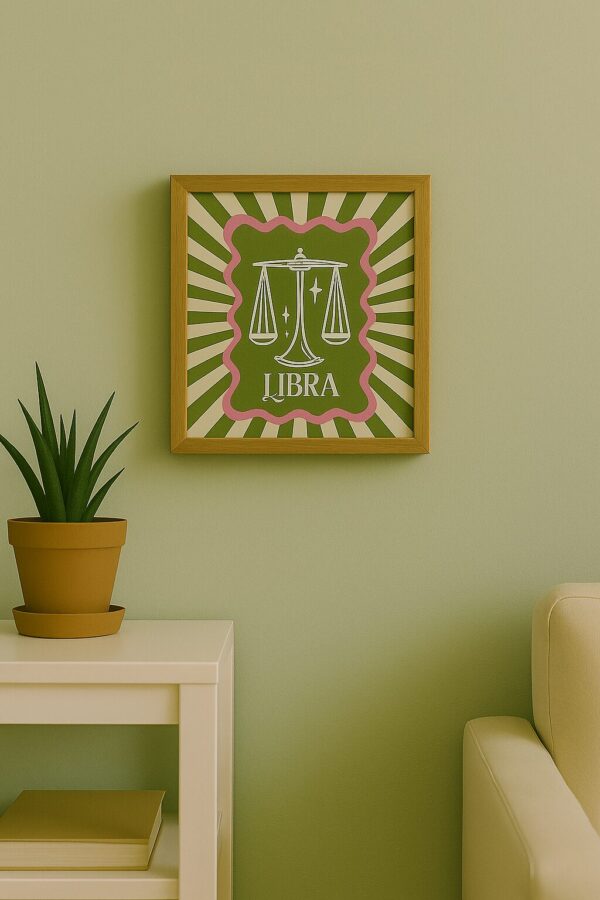 Azulejo decorativo Signo de Libra com moldura, pendurado na parede