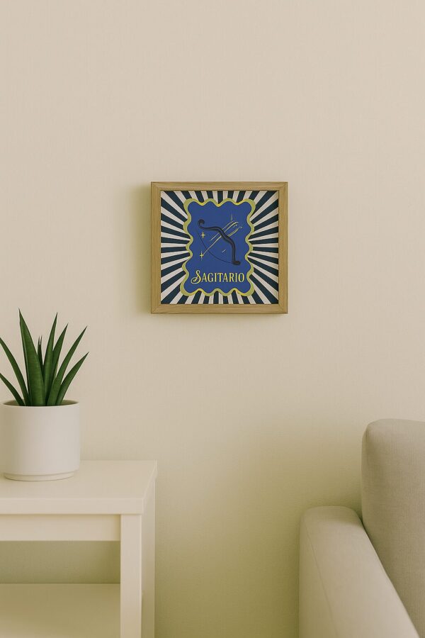 Azulejo decorativo Signo de Sagitário com moldura, pendurado na parede