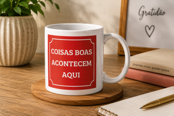 Caneca vermelha Coisas Boas Acontecem Aqui sobre mesa de madeira