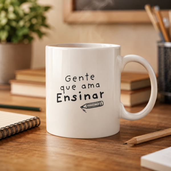 Caneca Gente Que Ama Ensinar sobre mesa com livros e lápis, presente para professor