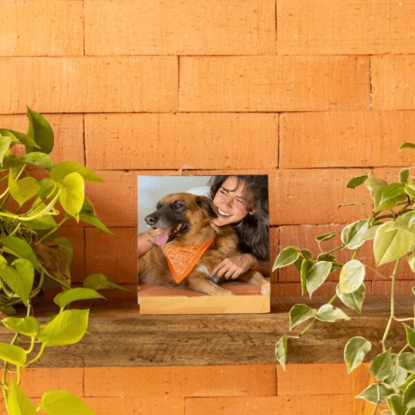Azulejo personalizado 20x20 com foto de mulher e cachorro, em base de madeira na prateleira
