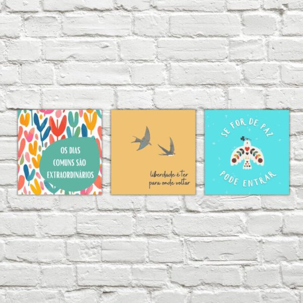 Trio de Azulejos Paz e Significado Frases Inspiradoras com moldura, pendurado na parede