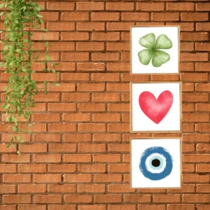 Trio de Azulejos Olho Grego, Coração e Trevo – Proteção, Amor e Sorte