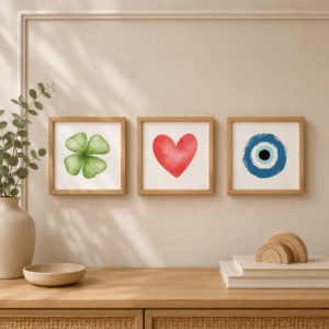 Trio de Azulejos Olho Grego, Coração e Trevo – Proteção, Amor e Sorte