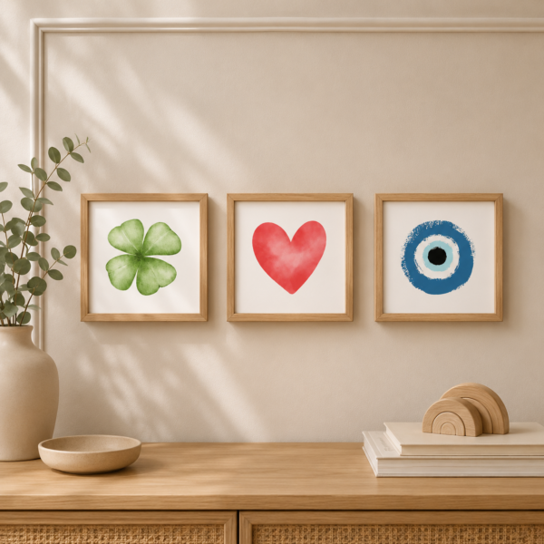 Trio de Azulejos Olho Grego, Coração e Trevo Proteção, Amor e Sorte decorando o cantinho da casa