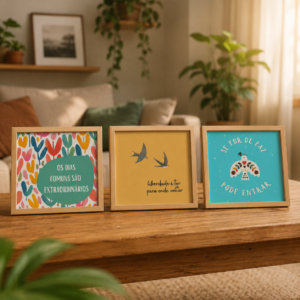Trio de Azulejos Paz e Significado Frases Inspiradoras apoiado em base de madeira