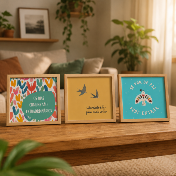 Trio de Azulejos Paz e Significado Frases Inspiradoras apoiado em base de madeira