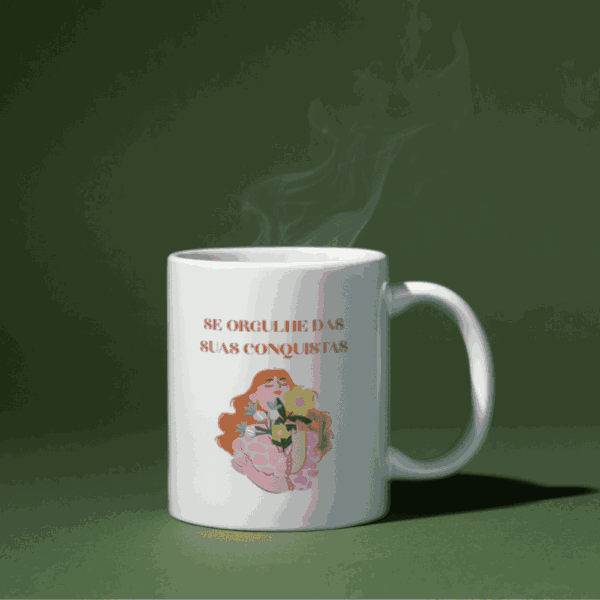 Caneca Dia da Mulher Se Orgulhe das Suas Conquistas com ilustração de mulher