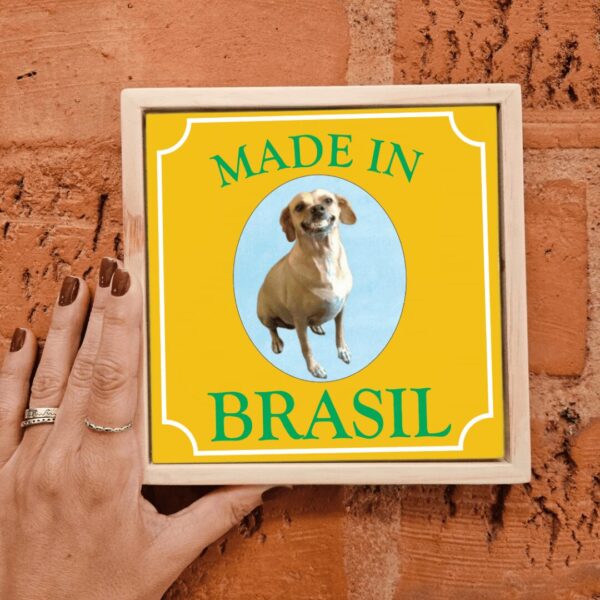 Mão segurando o azulejo decorativo Cachorro Caramelo Made in Brasil