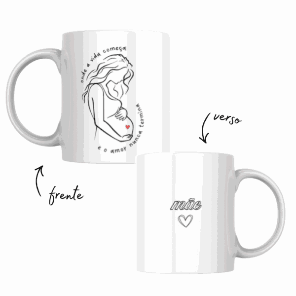Caneca Onde a Vida Começa e Nunca Termina, frente com gestante em traço fino e verso com a palavra mãe