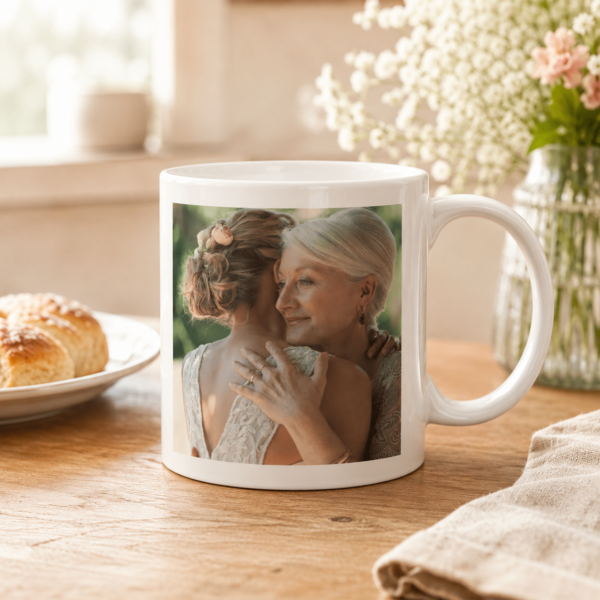 Caneca personalizada para mãe com foto de mãe e filha abraçadas, sobre a mesa do café
