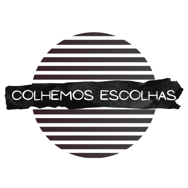 Arte do azulejo Colhemos Escolhas com círculo de listras pretas e faixa com a frase