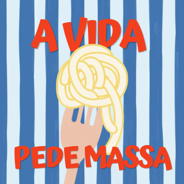 Arte do azulejo A Vida Pede Massa com garfo enrolando macarrão sobre listras azuis