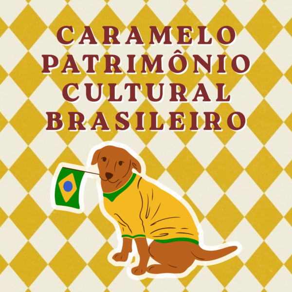 Arte do azulejo Caramelo Patrimônio Cultural Brasileiro com vira-lata caramelo segurando a bandeira do Brasil