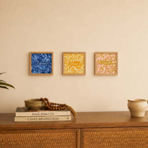 Trio de Azulejos Decorativos Palavras – Calmaria, Presença e Leveza