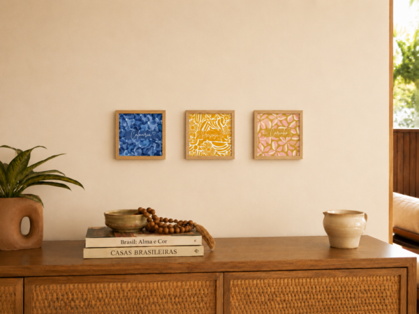 Trio de Azulejos Decorativos Palavras – Calmaria, Presença e Leveza