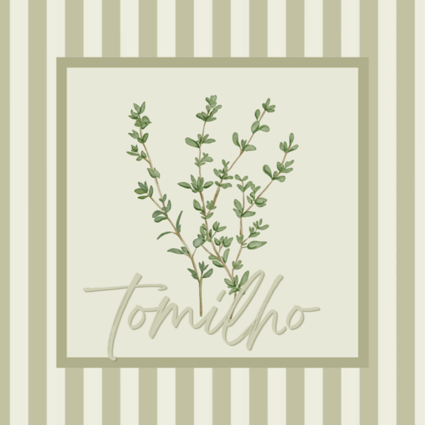 Arte do azulejo Tomilho com ilustração botânica sobre fundo listrado verde-sálvia