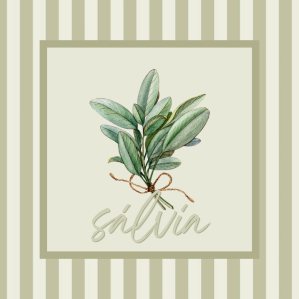 Arte do azulejo Sálvia com ilustração botânica sobre fundo listrado verde-sálvia