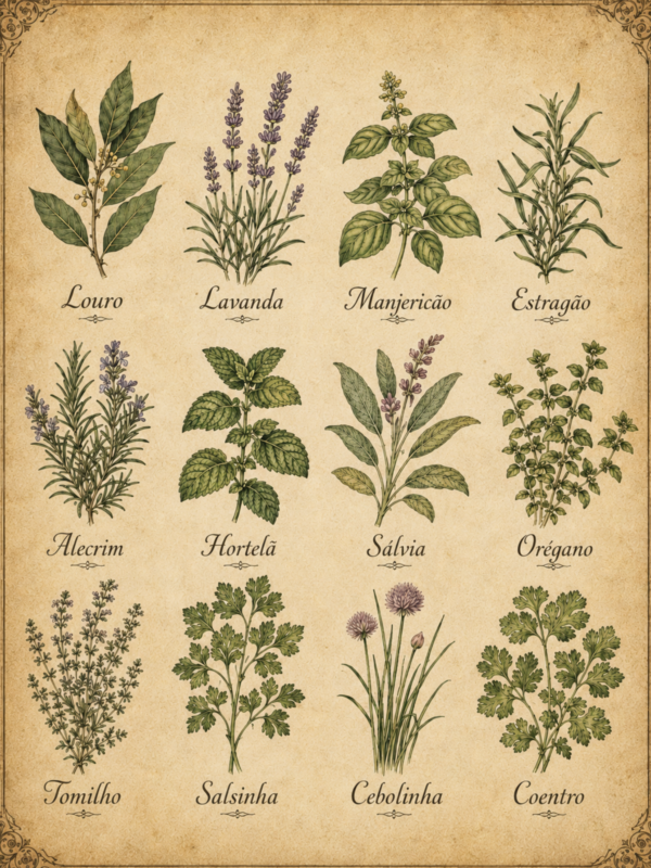Arte do azulejo Jardim de Temperos com ilustrações botânicas de ervas em estilo vintage