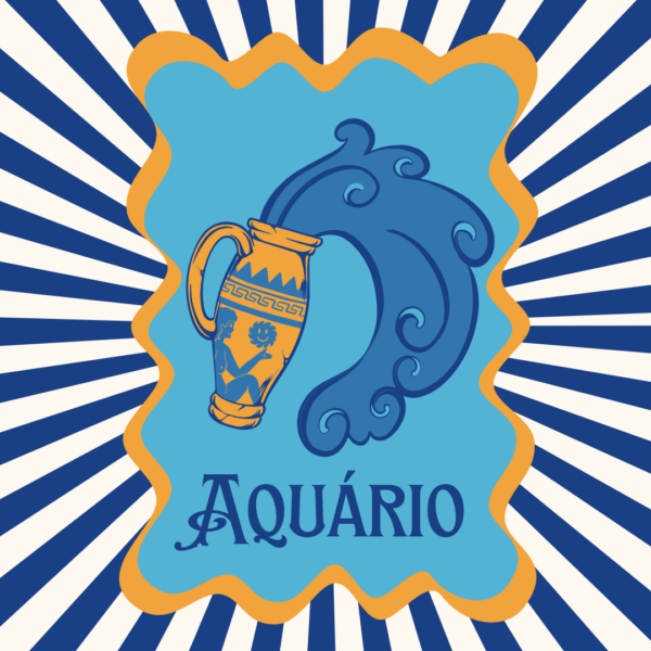 Arte retrô do signo de Aquário com ânfora derramando água sobre fundo azul
