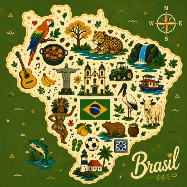 Arte do azulejo Mapa do Brasil com arara, onça, Cristo Redentor e cachoeira sobre fundo verde