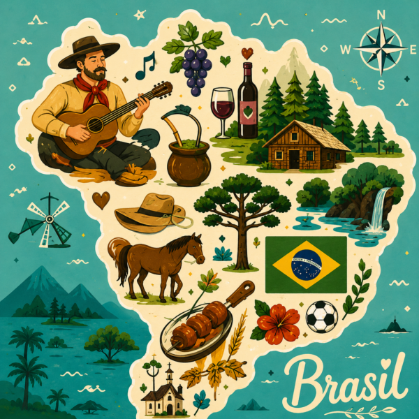 Arte do azulejo Mapa do Brasil com gaúcho tocando violão, araucária e cavalo sobre fundo verde-água