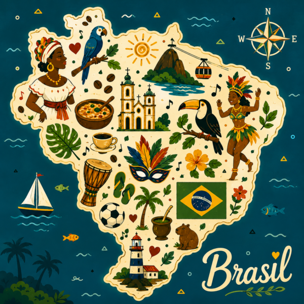 Arte do azulejo Mapa do Brasil com baiana, capoeira e farol sobre fundo azul-marinho