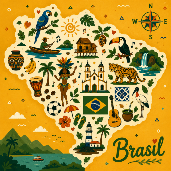 Arte do azulejo Mapa do Brasil com arara, tucano e onça sobre fundo amarelo
