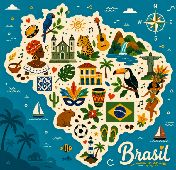 Arte do azulejo Mapa do Brasil com símbolos da cultura brasileira sobre fundo azul