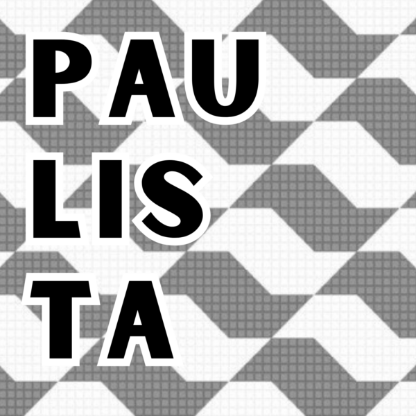 Arte do azulejo Paulista com letras pretas sobre o padrão geométrico das calçadas de São Paulo