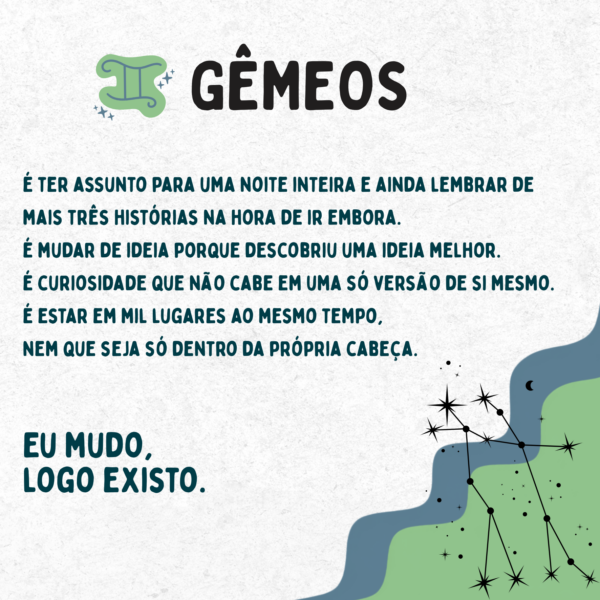 Arte do azulejo signo de Gêmeos: símbolo, traços da personalidade geminiana e a frase Eu mudo, logo existo