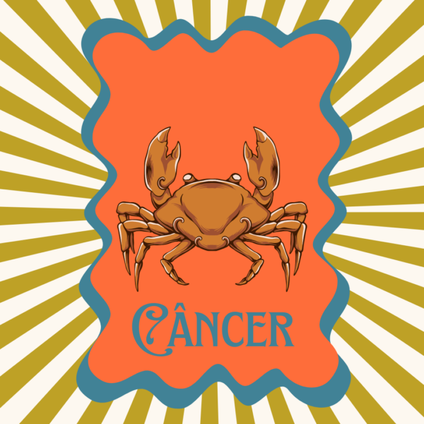 Arte retrô do signo de Câncer com caranguejo sobre fundo laranja e raios mostarda