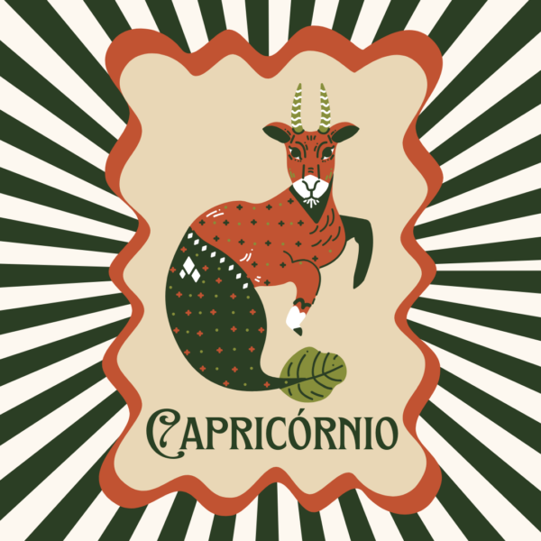 Arte retrô do signo de Capricórnio com cabra-marinha sobre fundo creme e raios verde-escuros