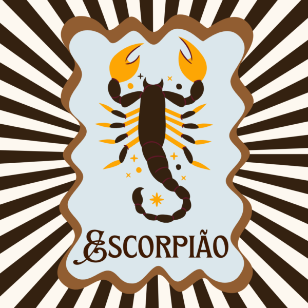 Arte retrô do signo de Escorpião com escorpião ilustrado e raios em marrom e creme