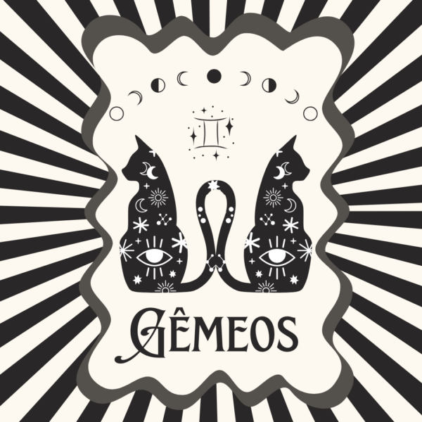 Arte retrô do signo de Gêmeos com dois gatos pretos místicos sobre fundo creme
