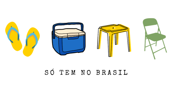 Arte do azulejo Só Tem no Brasil com chinelo, cooler, mesa e cadeira de bar