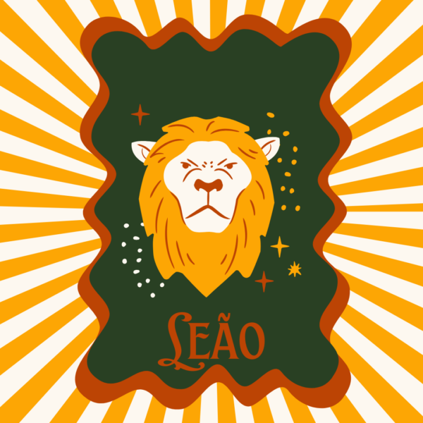 Arte retrô do signo de Leão com cabeça de leão sobre fundo verde-escuro e raios amarelos