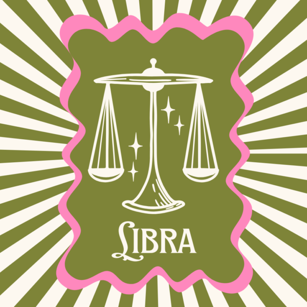 Arte retrô do signo de Libra com balança sobre fundo verde-oliva e moldura rosa