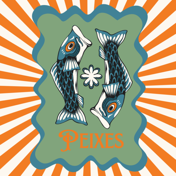Arte retrô do signo de Peixes com dois peixes ilustrados sobre fundo verde e raios laranja