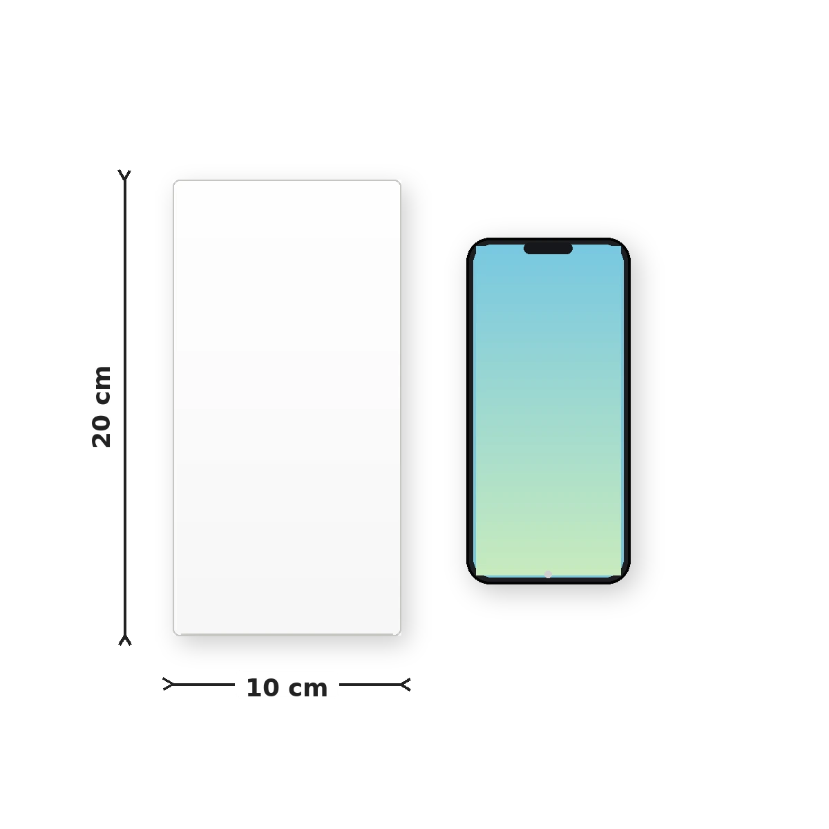Comparação de tamanho do azulejo retangular de 10 por 20 centímetros ao lado de um smartphone