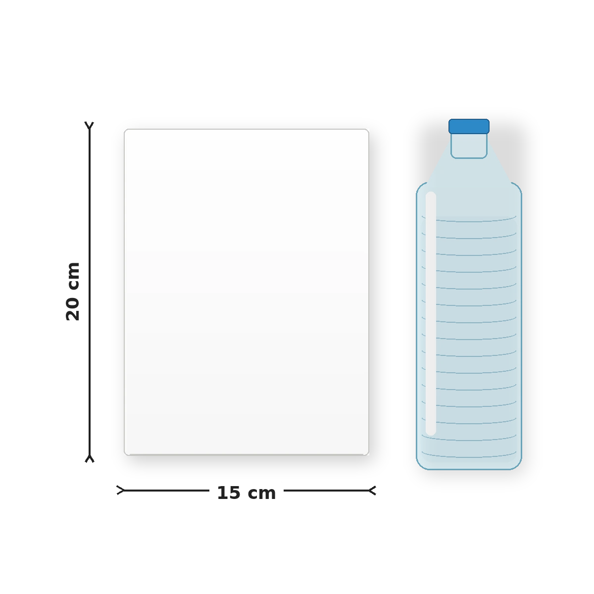 Comparação de tamanho do azulejo retangular de 15 por 20 centímetros ao lado de uma garrafa de 500 mililitros