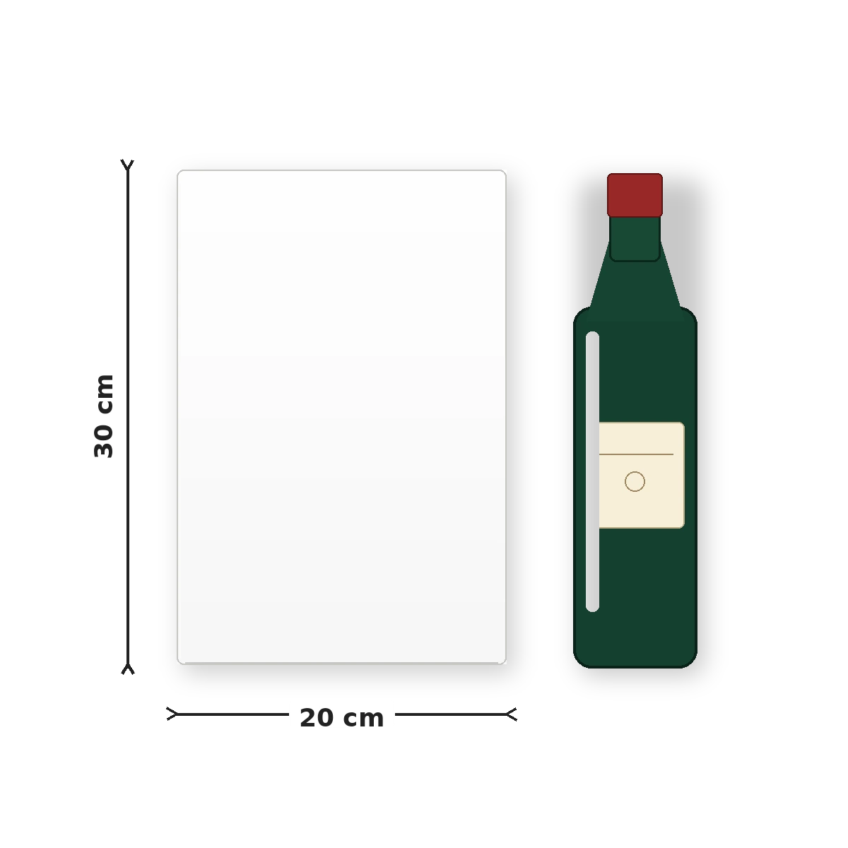 Comparação de tamanho do azulejo retangular de 20 por 30 centímetros ao lado de uma garrafa de vinho