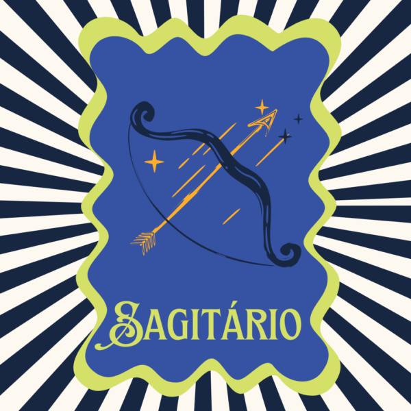 Arte retrô do signo de Sagitário com arco e flecha dourados sobre fundo azul-royal