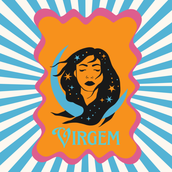 Arte retrô do signo de Virgem com mulher com lua e estrelas sobre fundo laranja e raios azuis
