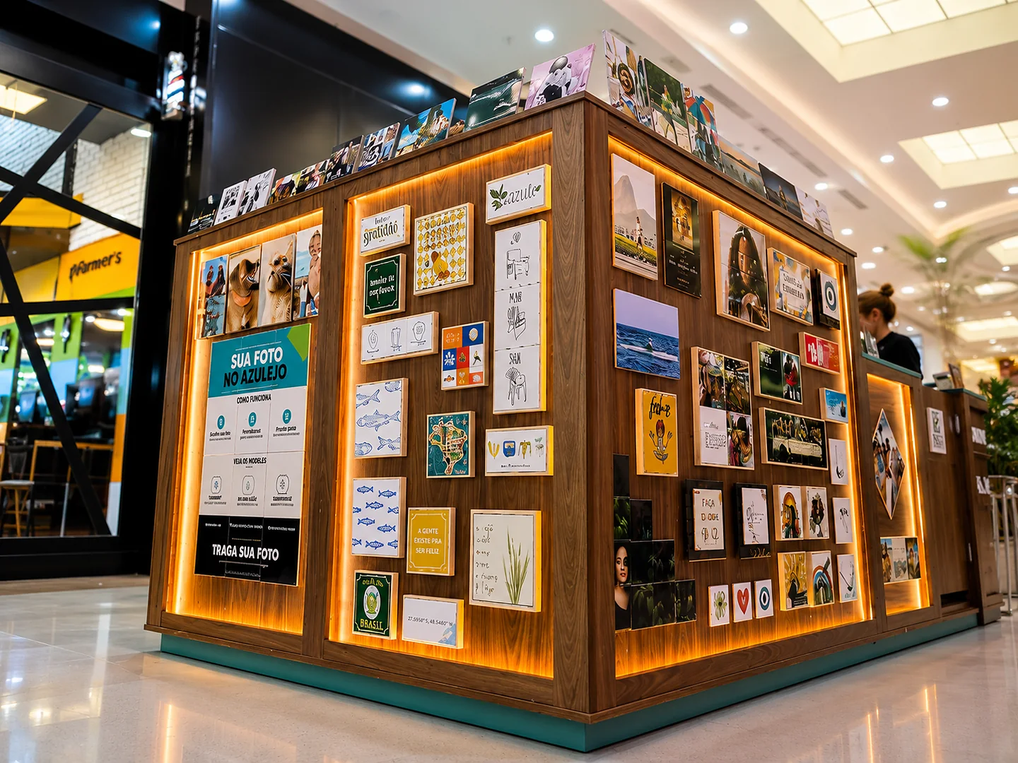 Outro quiosque Zazulê em shopping com exposição de azulejos personalizados
